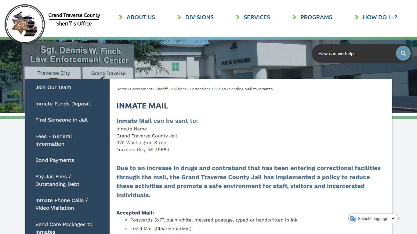 Inmate Mail | Grand Traverse County, MI