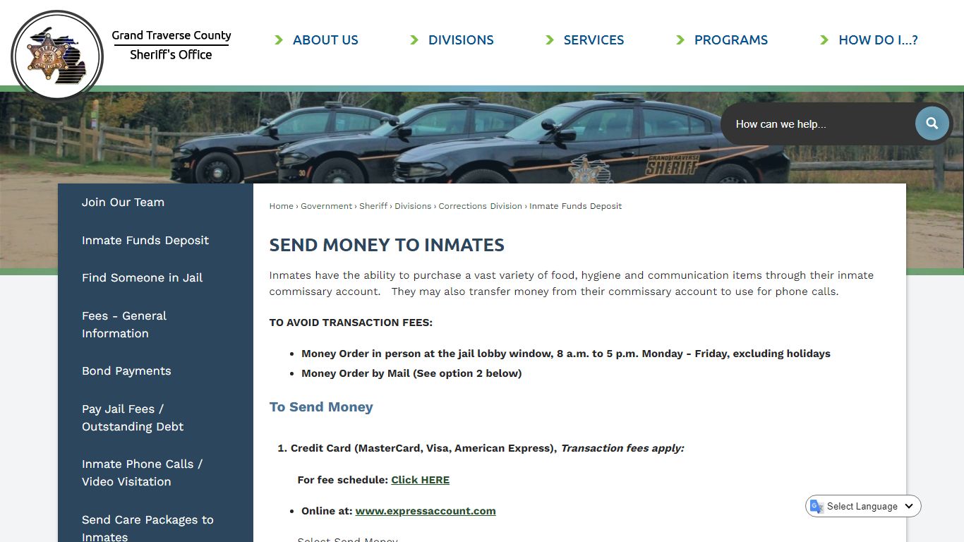 Send money to inmates | Grand Traverse County, MI